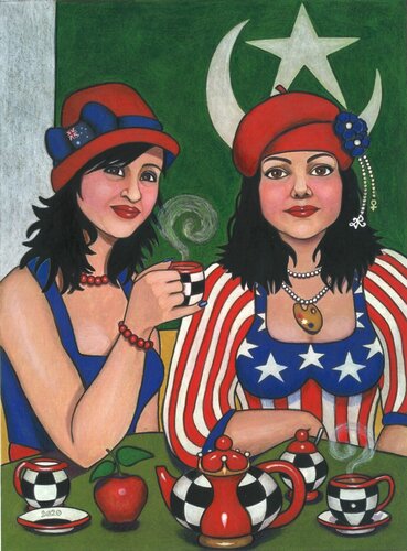 painting of two immigrants by Roopa Dudley