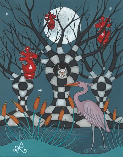 landscape painting of a whimsical chess forest