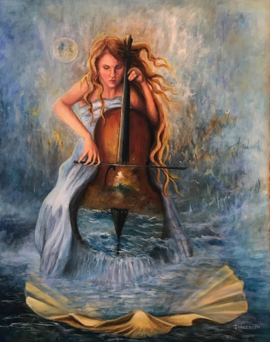 oil painting surreal cello player