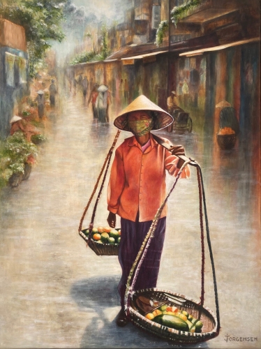 painting of an Asian woman walking on the street