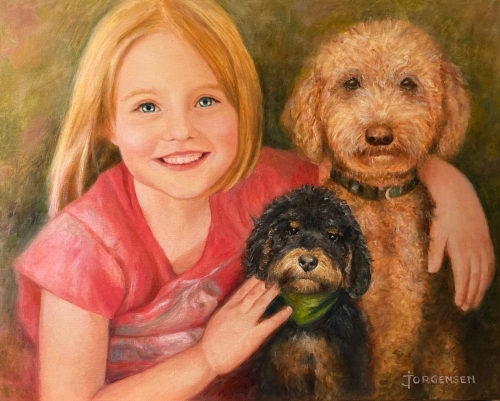 oil painting portrait of a young girl and dogs