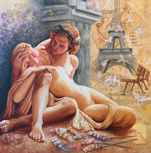 oil painting of a statue of lovers