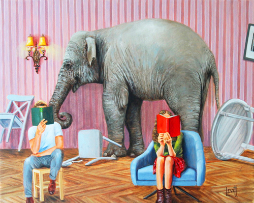 Whimsical painting of an elephant literally in a room