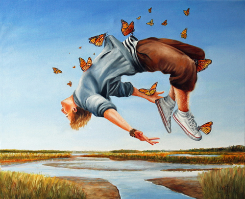 whimsical painting of a boy lifted skyward by butterflies