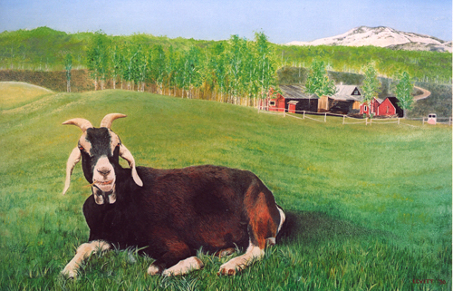 oil painting of a goat in a pasture
