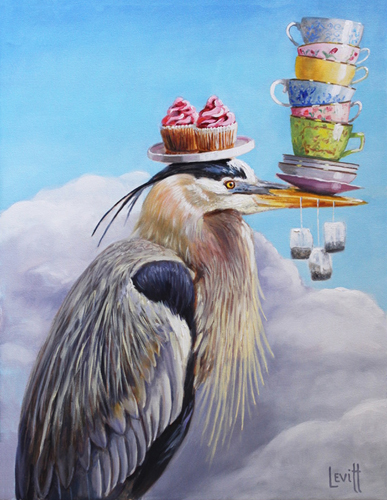 whimsical painting of a heron serving tea