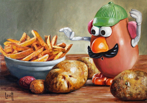 humorous painting of Mr. Potato Head with french fries