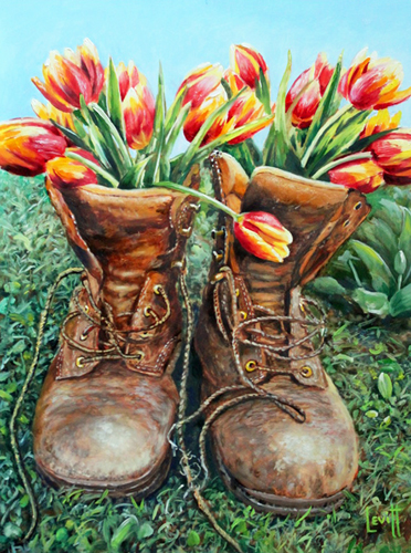 painting of a pair of boots filled with tulips