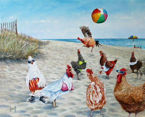 Humorous painting of chickens playing with a beachball