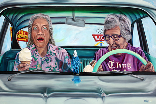 painting of two women in a car #quirkyart 