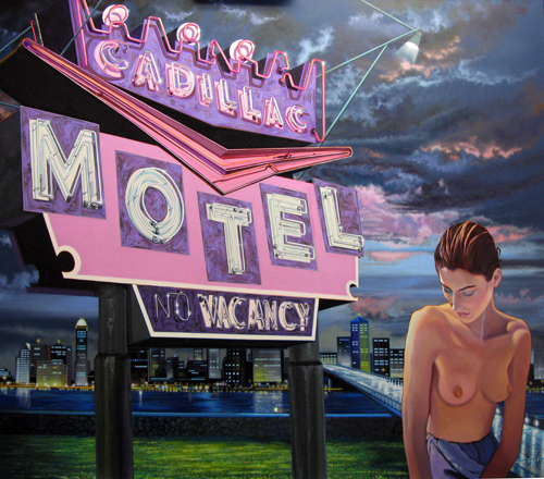 Figurative painting of a woman in front of a neon motel sign