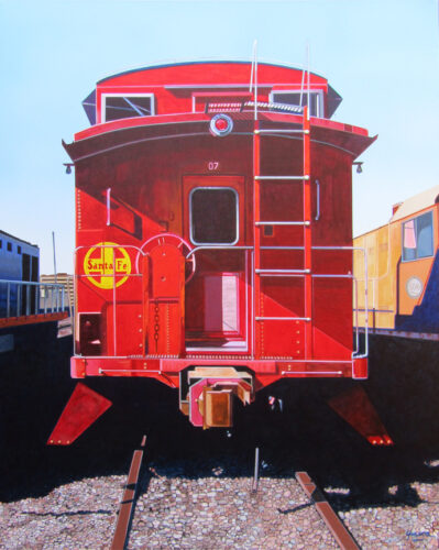 acrylic painting of a red caboose
