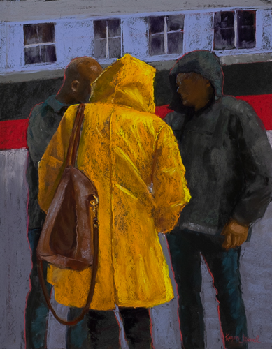 pastel drawing of three people on the street