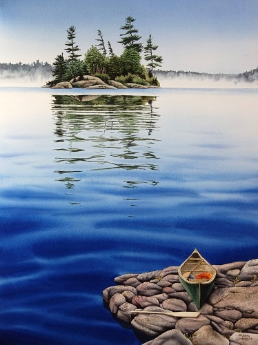 watercolour painting of a body of water and island
