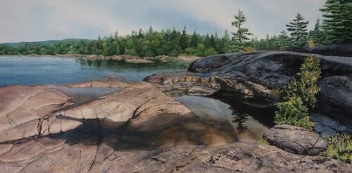 watercolor landscape of rocks on the shore