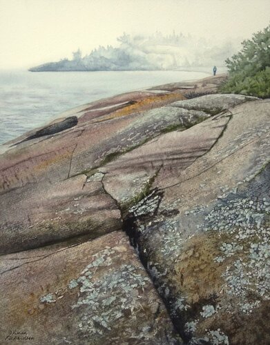 watercolour painting of a rocky shoreline and water