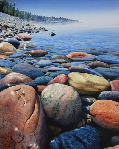 watercolor painting of rocks in the water