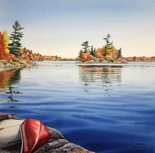 watercolour painting of a calm lake
