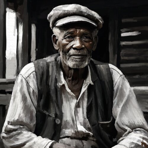 digital black and white painting of an older man in a cap