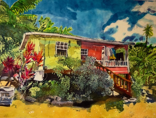 batik painting of a colorful house