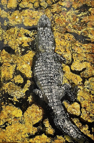 batik on silk painting of an alligator in the water