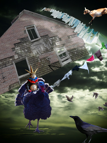 Surreal photomontage of a strange figure in a gale