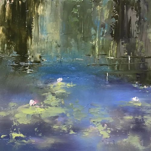 abstract expressionist painting of landscape and water