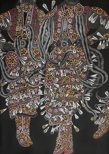 mezzotint print of Indian jingle dancers