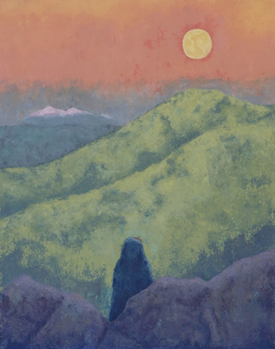 oil and cold wax painting of a person in the mountains