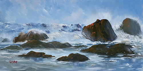 oil painting of a coastal beach in New Zealand after a storm