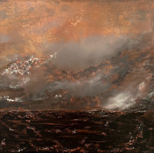 dramatic mixed media landscape painting