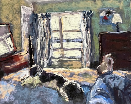 sun drenched bedroom scene in pastel