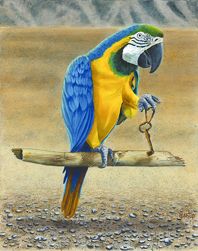 acrylic painting of a parrot with a key