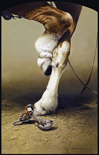 oil painting of birds at a horse's feet