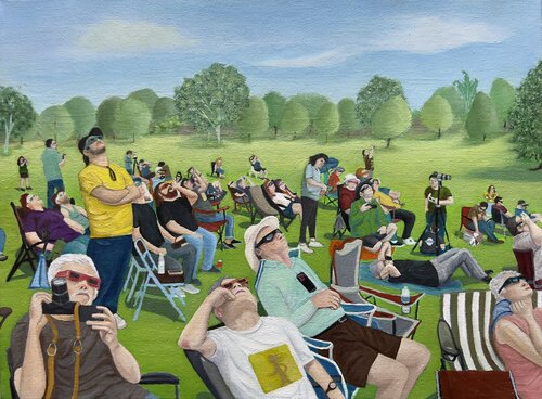 painting of a crowd of people watching a solar eclipse