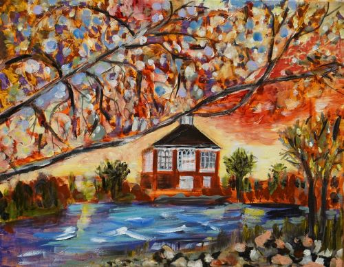 painting of a cottage at sunrise