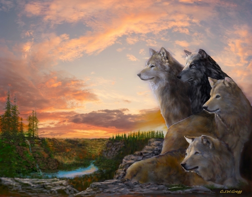oil painting of wolves in a landscape setting