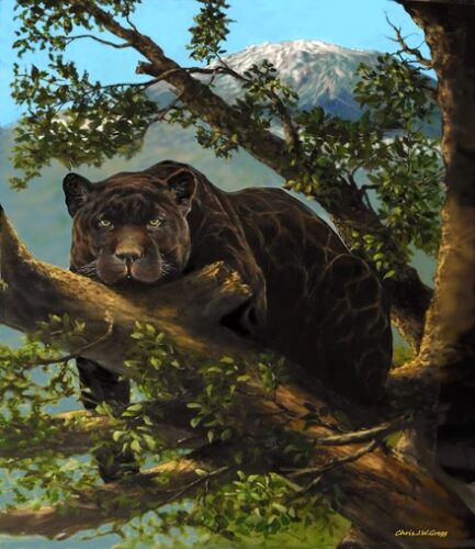 oil painting of a black leopard in a tree