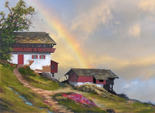 oil painting landscape with chalet