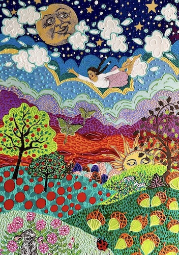 whimsical painting of a woman flying over a landscape