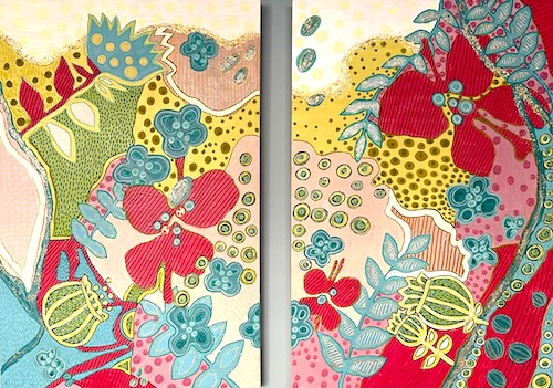 diptych of colorful floral paintings