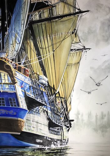 watercolor painting of a tall ship at sea