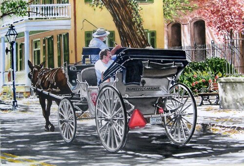 watercolor painting of a horse and carriage