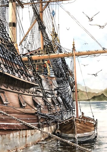 watercolor painting of a tall ship at a dock