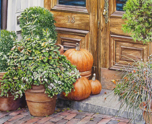 watercolor painting of a doorstep in Beacon Hill