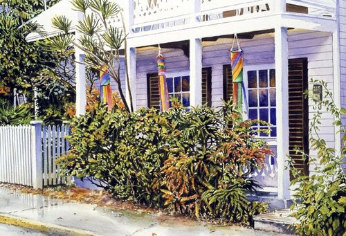 watercolor painting of a home with windsocks in front