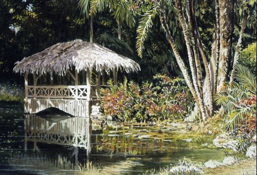 watercolor painting of a landscape with tiki hut
