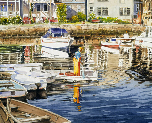 watercolor painting of a fisherman at work