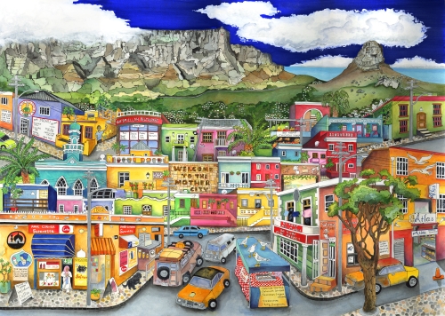 whimsical village scene of Cape Town painted in watercolor and ink 