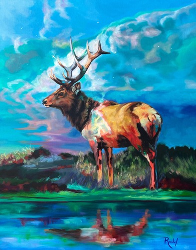 colorful oil painting of a landscape with elk